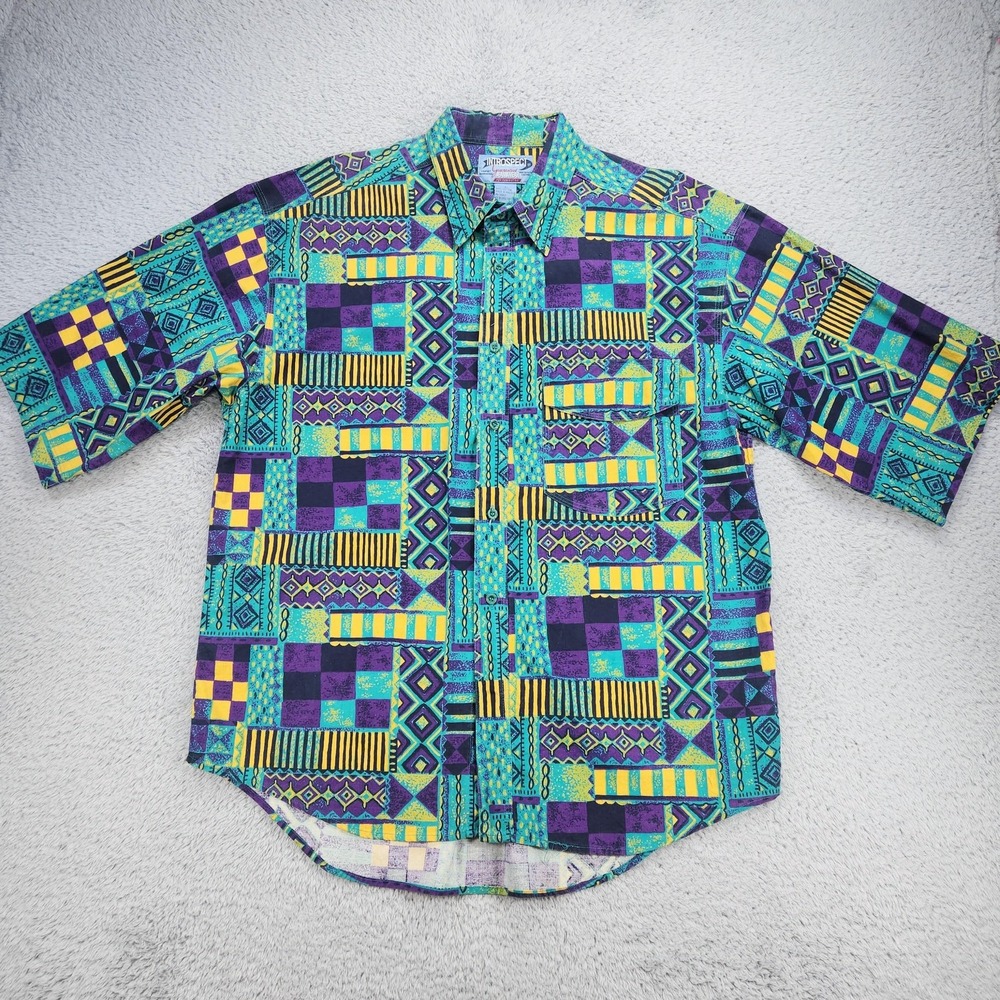 Introspect Shirt Mens Large 90s Multicolor Geometric S/S Button Up Cotton Casual